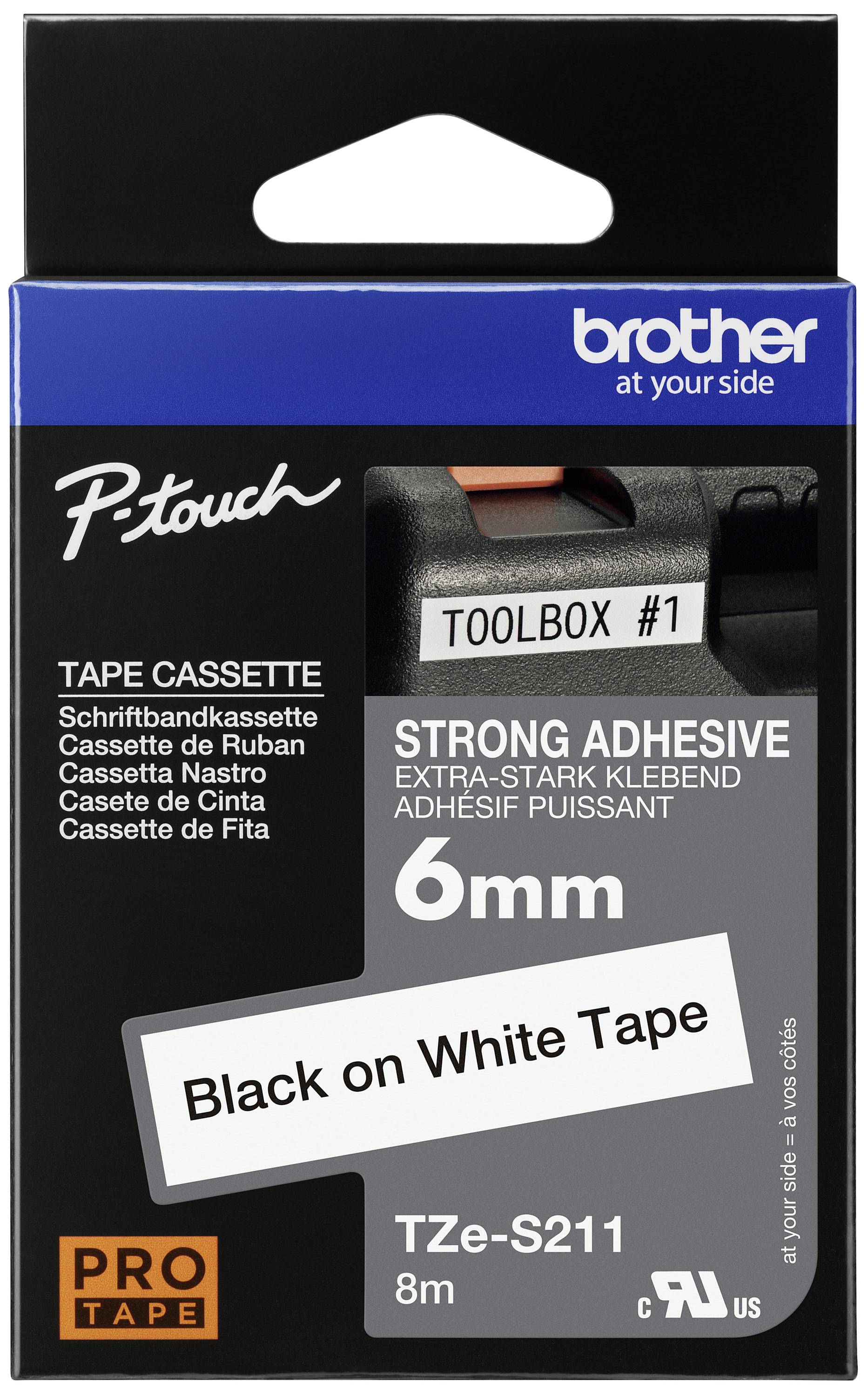 Emballage d'une cassette de ruban Brother P-touch. Contient un ruban à adhésif extra-fort, largeur de 6 mm, Noir sur Blanc, longueur de 8 m.