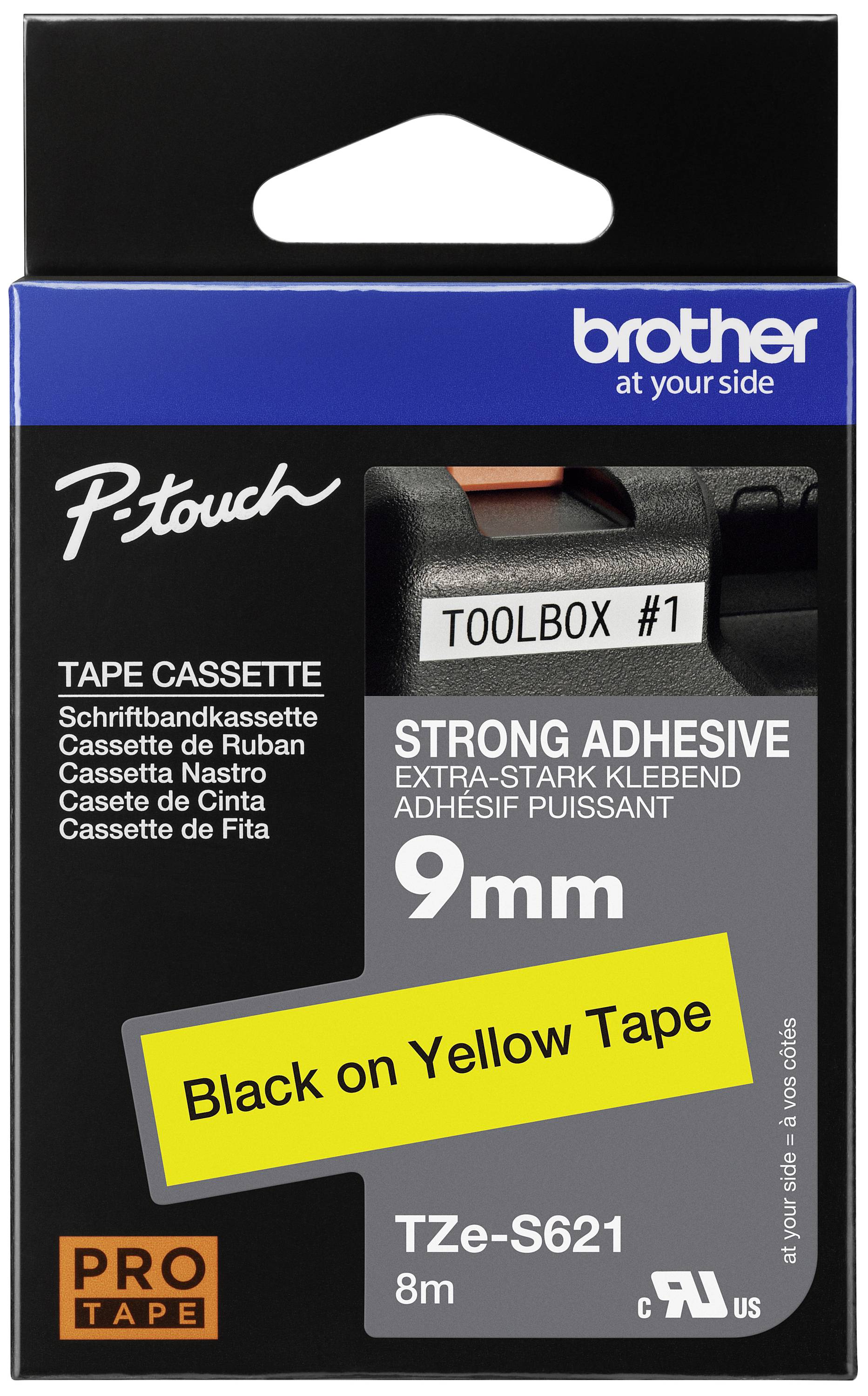 Ruban Brother P-touch en noir sur fond jaune, 9 mm x 8 m ; adhésif puissant, pour étiquetages tels que 'BOÎTE À OUTILS N°1' ; Modèle TZe-S621.