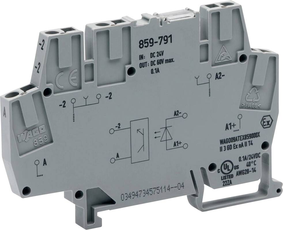 Module relais WAGO 859 859-791, montrant les symboles techniques et les spécifications, y compris les détails de tension d'entrée et de sortie, ainsi que la certification UL.