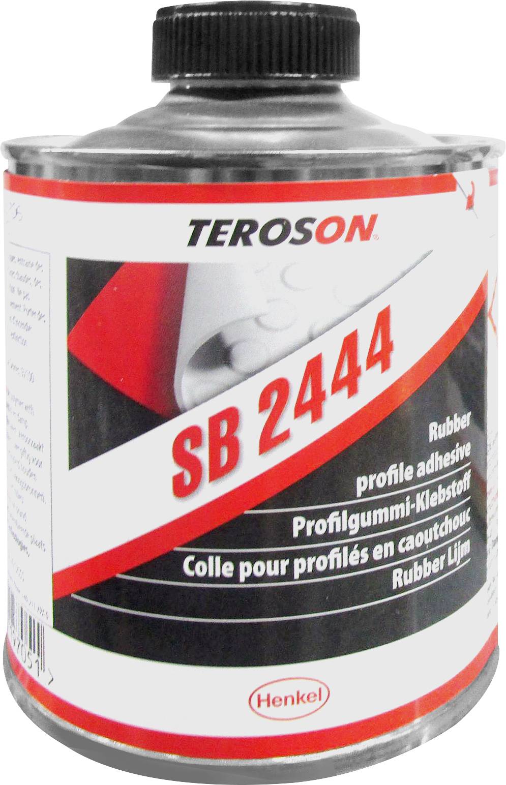 'TEROSON SB 2444' Boîte de colle pour caoutchouc profilé de Henkel. Contient des instructions d'utilisation dans plusieurs langues.