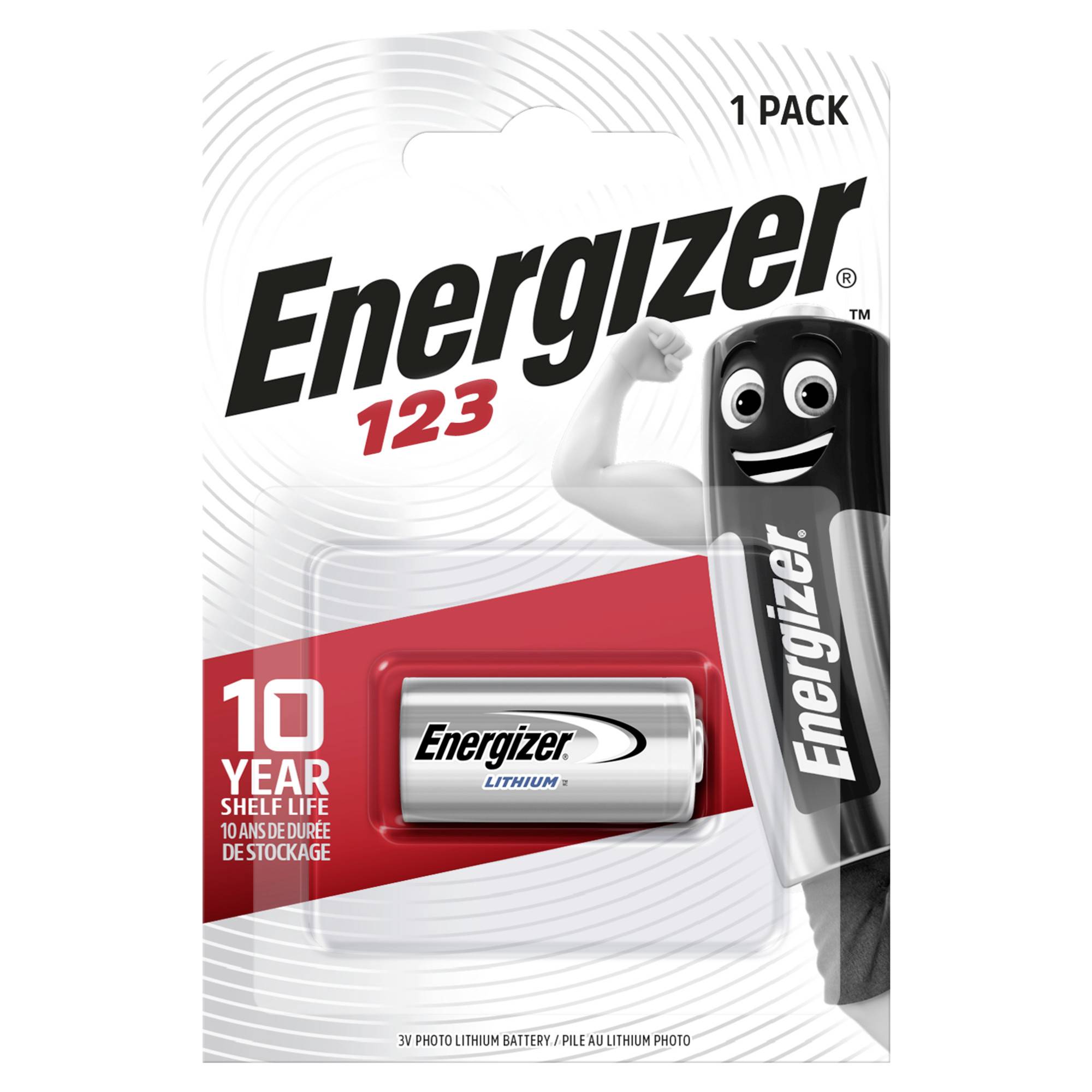 Un emballage de pile Energizer Lithium-123 avec une mascotte de pile souriante. Texte : '10 ans de durée de vie'.