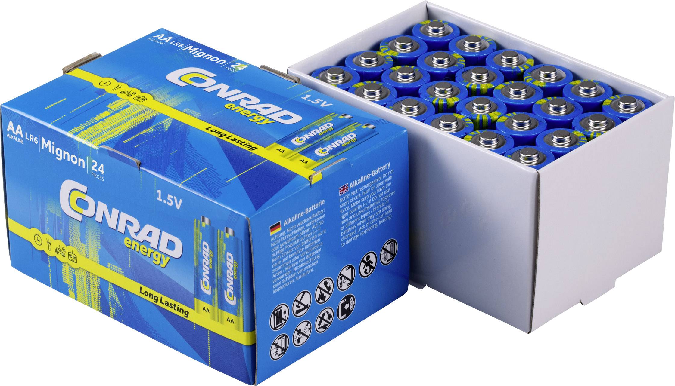 Piles AA Conrad energy, 1,5V, pack de 24 en emballage bleu avec des touches jaunes, un carton ouvert montrant les piles est visible.