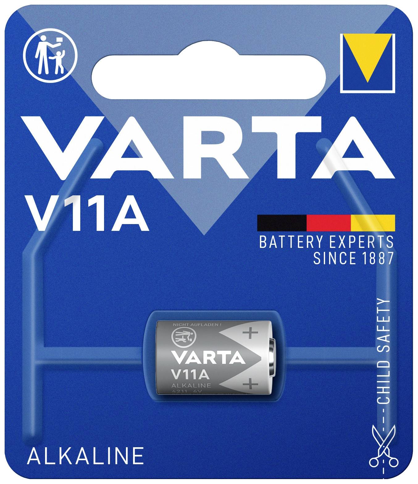 Emballage d'une pile alcaline VARTA V11A. Le texte 'Battery Experts Depuis 1887' est visible. Contient un avertissement de sécurité enfant.