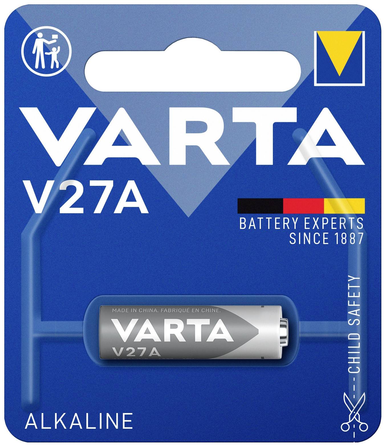 Emballage d'une pile alcaline Varta V27A, texte 'Experts en Piles Depuis 1887', symbole de sécurité enfant, conception en bleu et blanc.