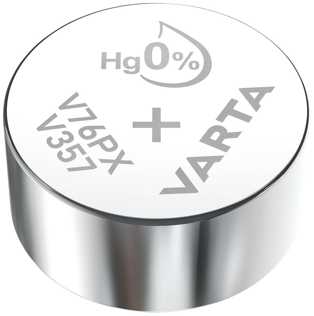Batterie cylindrique à oxyde d'argent avec l'inscription 'VARTA', 'Hg 0%', 'V76PX', '+', 'V357'.