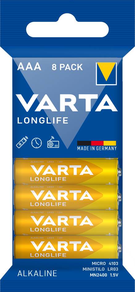 Paquet de huit piles alcalines AAA VARTA LONGLIFE, adaptées aux micro-appareils. Fabriquées en Allemagne.
