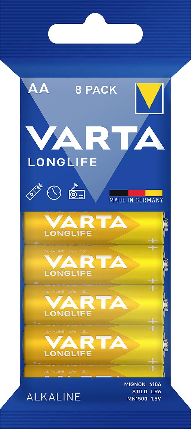 Emballage de huit piles alcalines VARTA LONGLIFE AA. Piles jaunes dans un boîtier bleu ; portant la mention « Made in Germany ».
