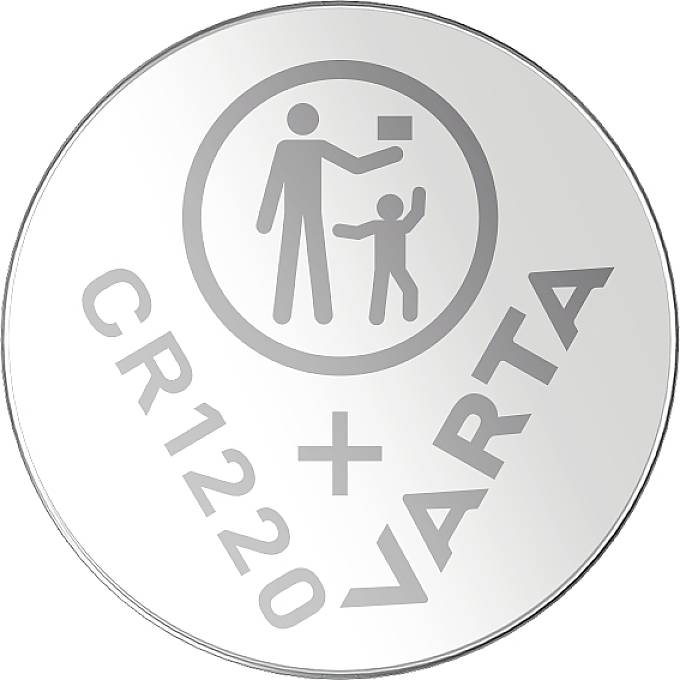 Pile ronde marquée 'CR1220' et 'VARTA'. En haut, un symbole : une personne donnant un objet à un enfant, barré.