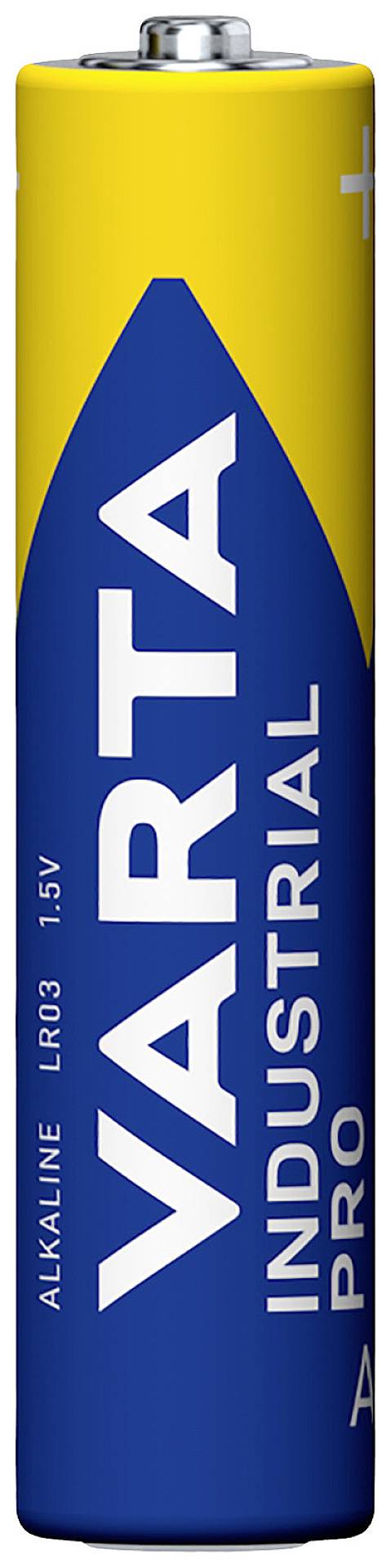 Batterie VARTA Industrial Pro, type AAA, alcaline, 1,5V, corps bleu et jaune avec marquage blanc.