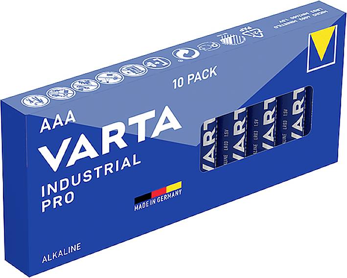 Boîte de dix piles alcalines AAA Varta, emballage bleu avec l'inscription 'Industrial Pro' et la mention 'Made in Germany'.