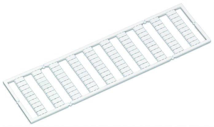 Une bande rectangulaire blanche en plastique comportant plusieurs découpes rectangulaires parallèles au centre.