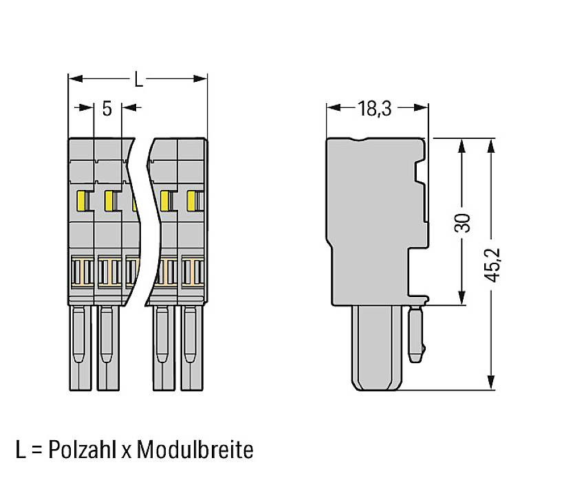 Dessin de connecteur avec dimensions : hauteur 45,2 mm, largeur 18,3 mm, longueur L définie comme le nombre de pôles multiplié par la largeur du module.