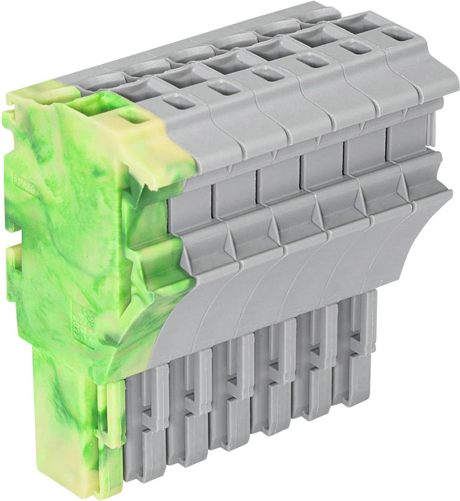 Pièce rectangulaire grise en plastique avec des accents verts sur les côtés, probablement un connecteur électrique.