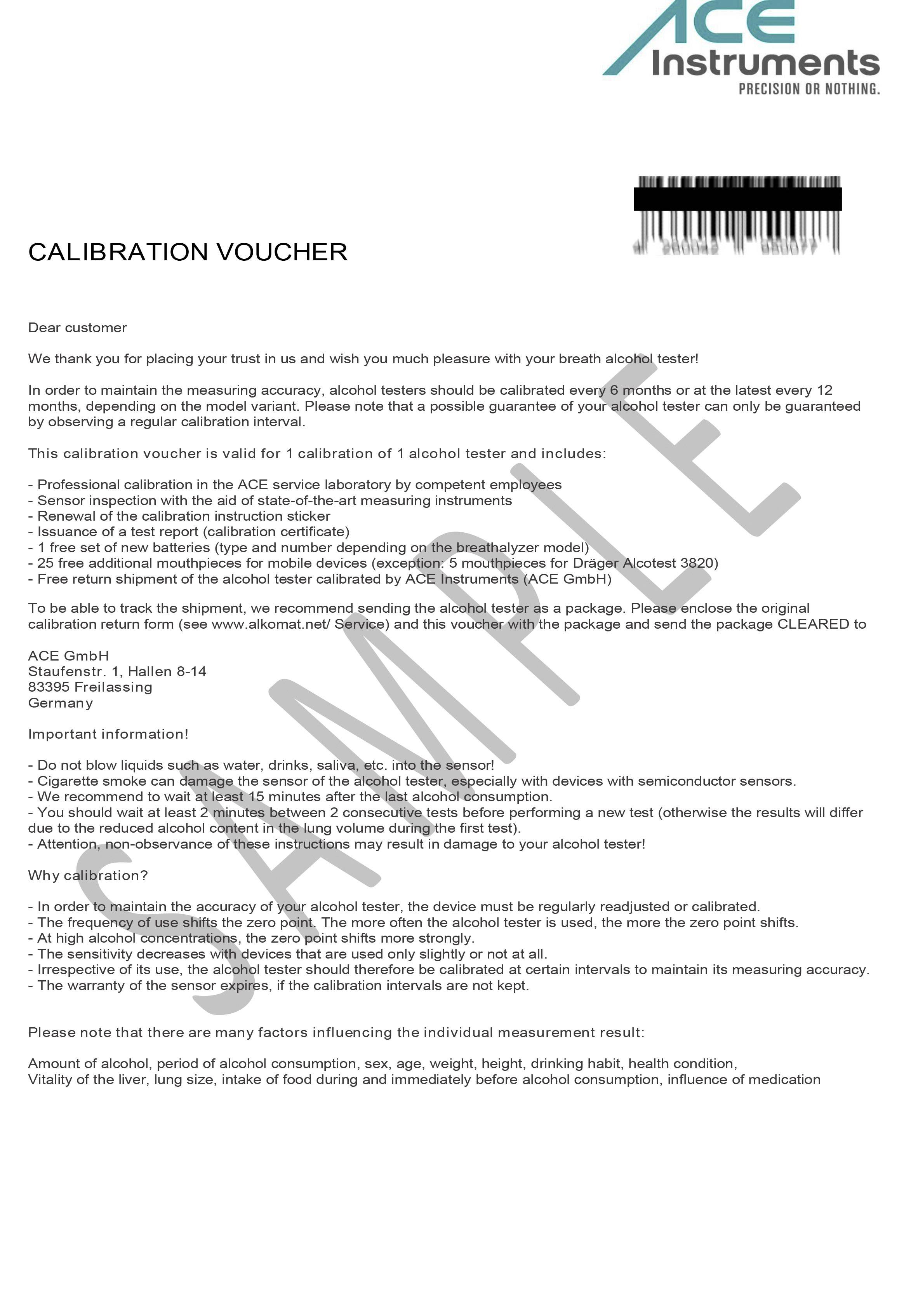 Bon de calibration ACE 100082