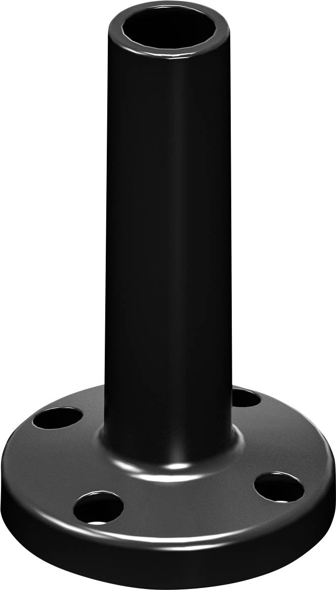 Bride métallique noire avec quatre trous ronds et un long tube cylindrique au centre.