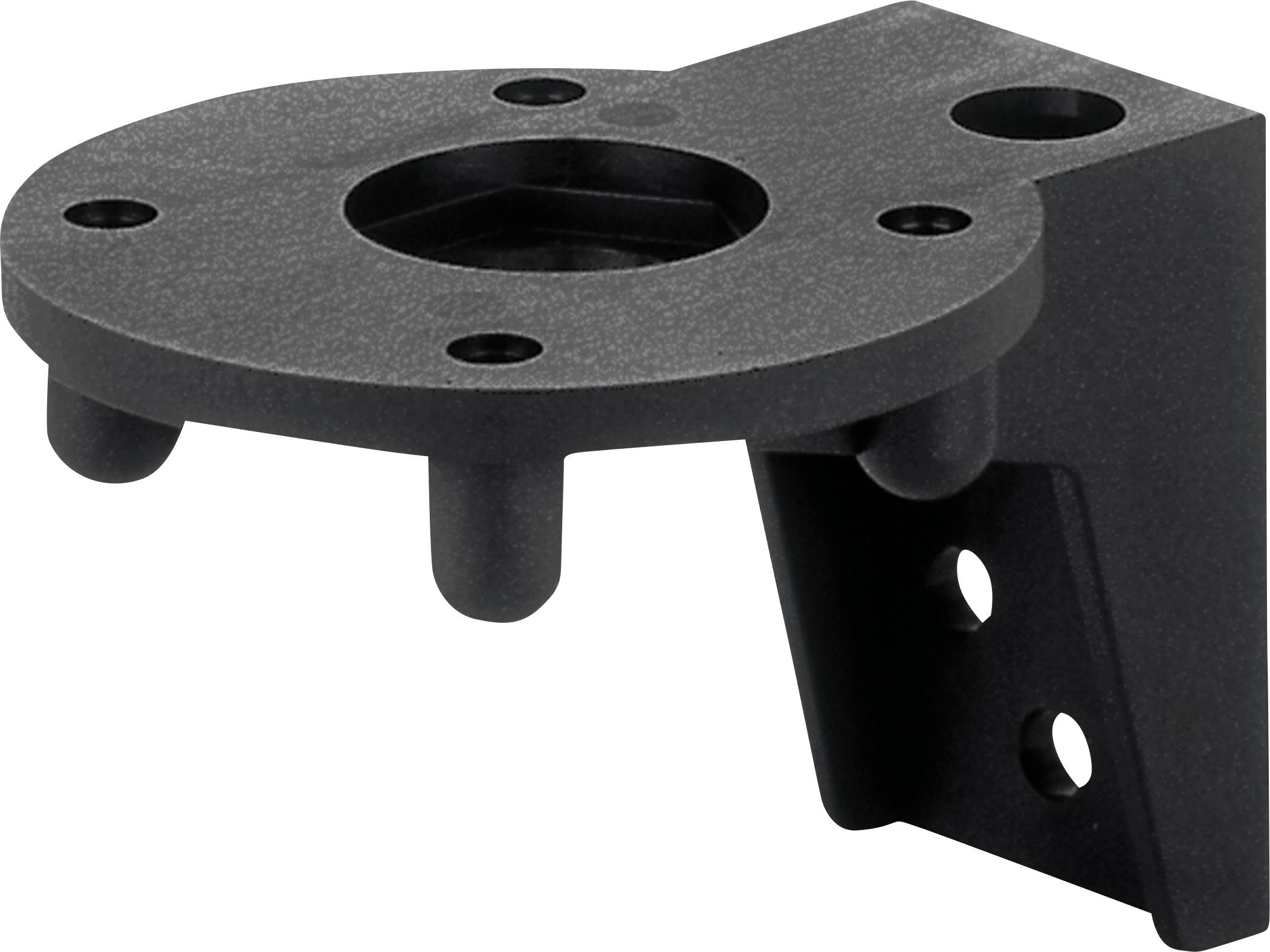 Pièce métallique noire avec une plaque ronde et des trous, probablement un élément de support ou de fixation.