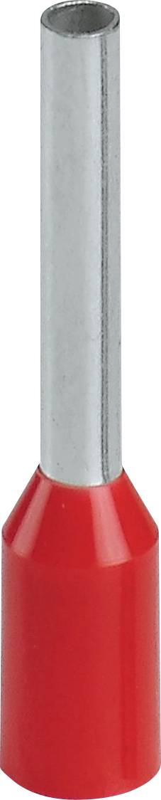 Une virole isolante rouge avec un tube métallique pour terminer les fils électriques ; utilisée pour sécuriser les connexions de fil dans les blocs de bornes.