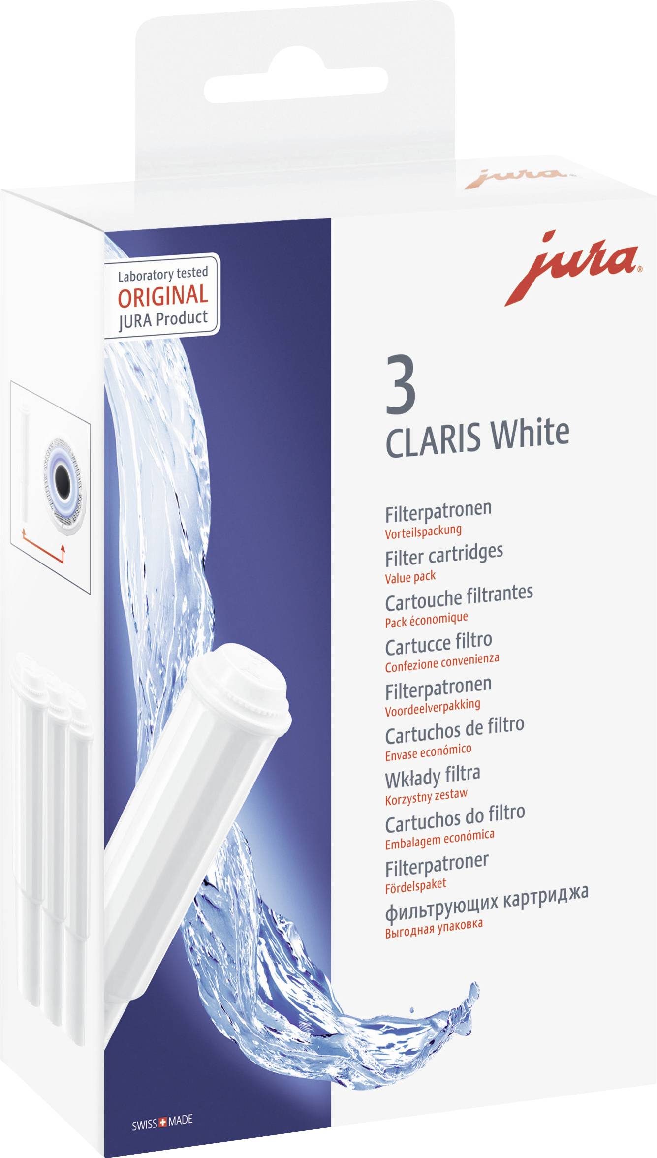 Un emballage pour '3 cartouches filtrantes CLARIS White' de Jura montre de l'eau et indique la compatibilité avec les machines à café Jura.