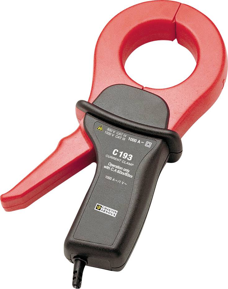 Un ampèremètre à pince rouge pour des mesures de courant jusqu'à 1000 A, isolé, avec une poignée noire et une connexion de câble à l'extrémité inférieure.