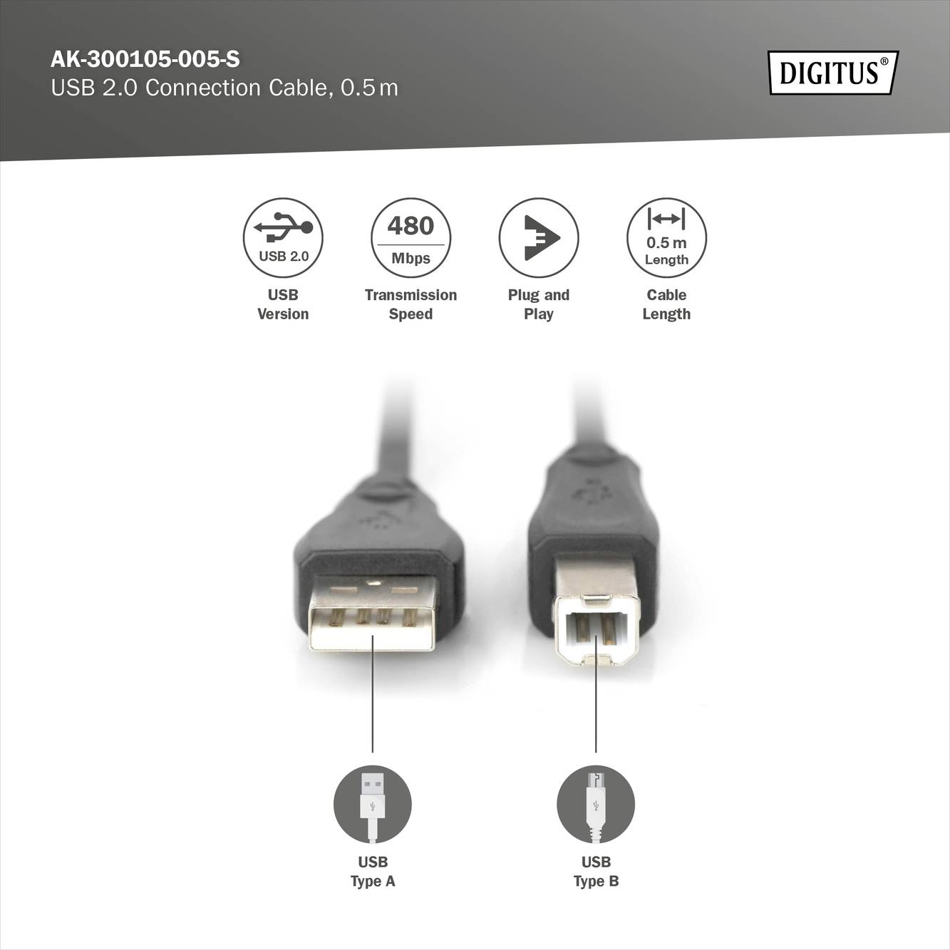 Câble de connexion USB 2.0, 0,5 m. Débit de transfert 480 Mbps, plug and play, longueur de câble 0,5 m. USB Type A vers USB Type B.