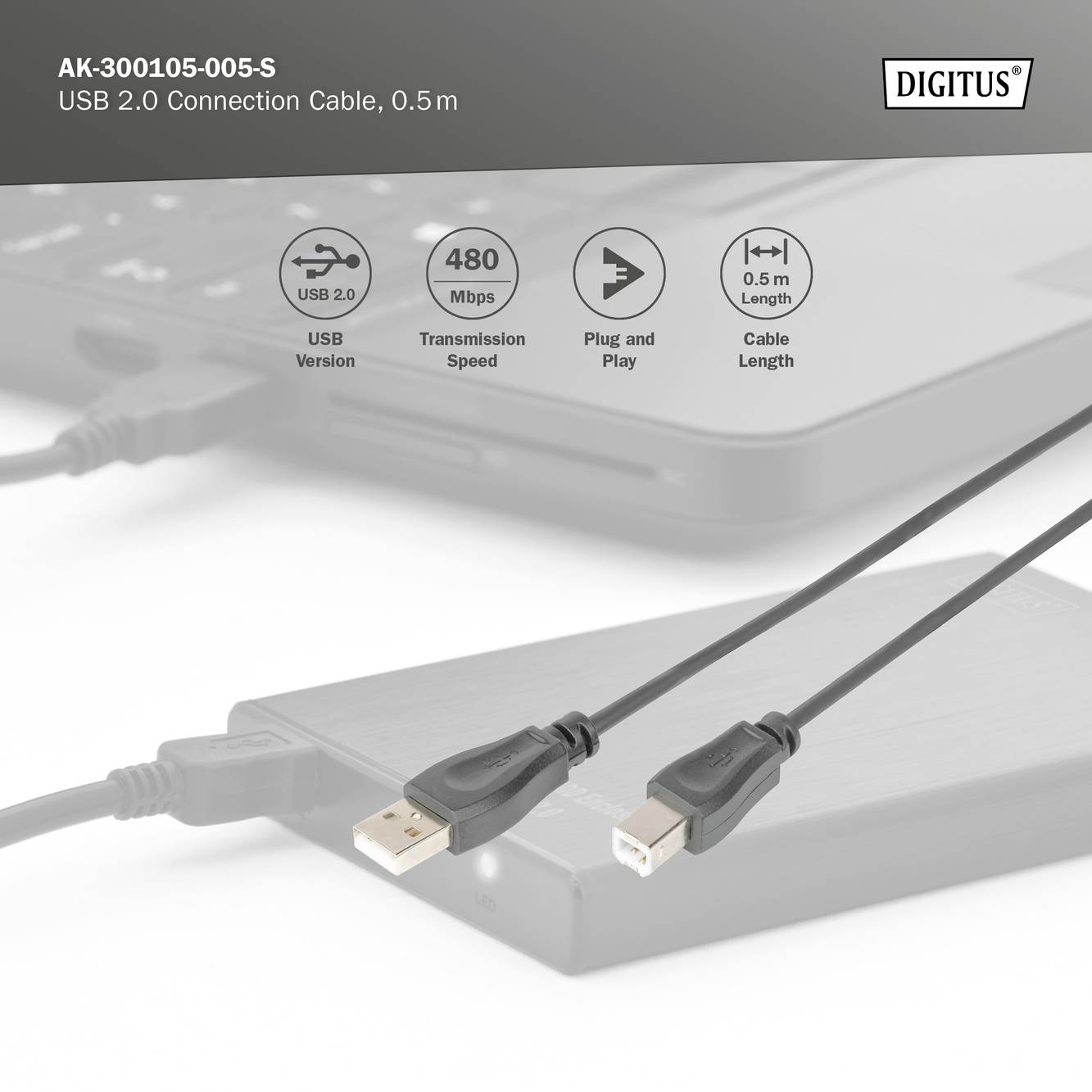 Câble de connexion USB 2.0, 0,5 mètre, avec câble noir et connecteurs argentés, adapté pour le transfert de données jusqu'à 480 Mbps.