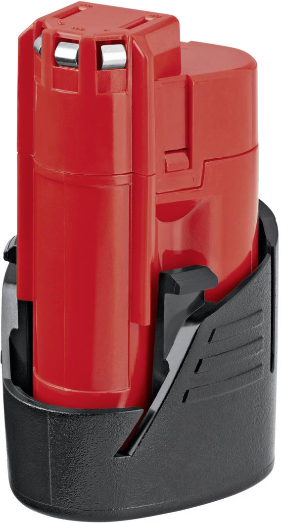 Une batterie rouge cylindrique, insérée dans un support noir.