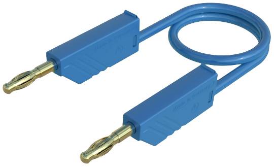 Un câble de connexion bleu avec deux fiches bananes à ses extrémités, l'une des fiches étant recourbée en boucle.