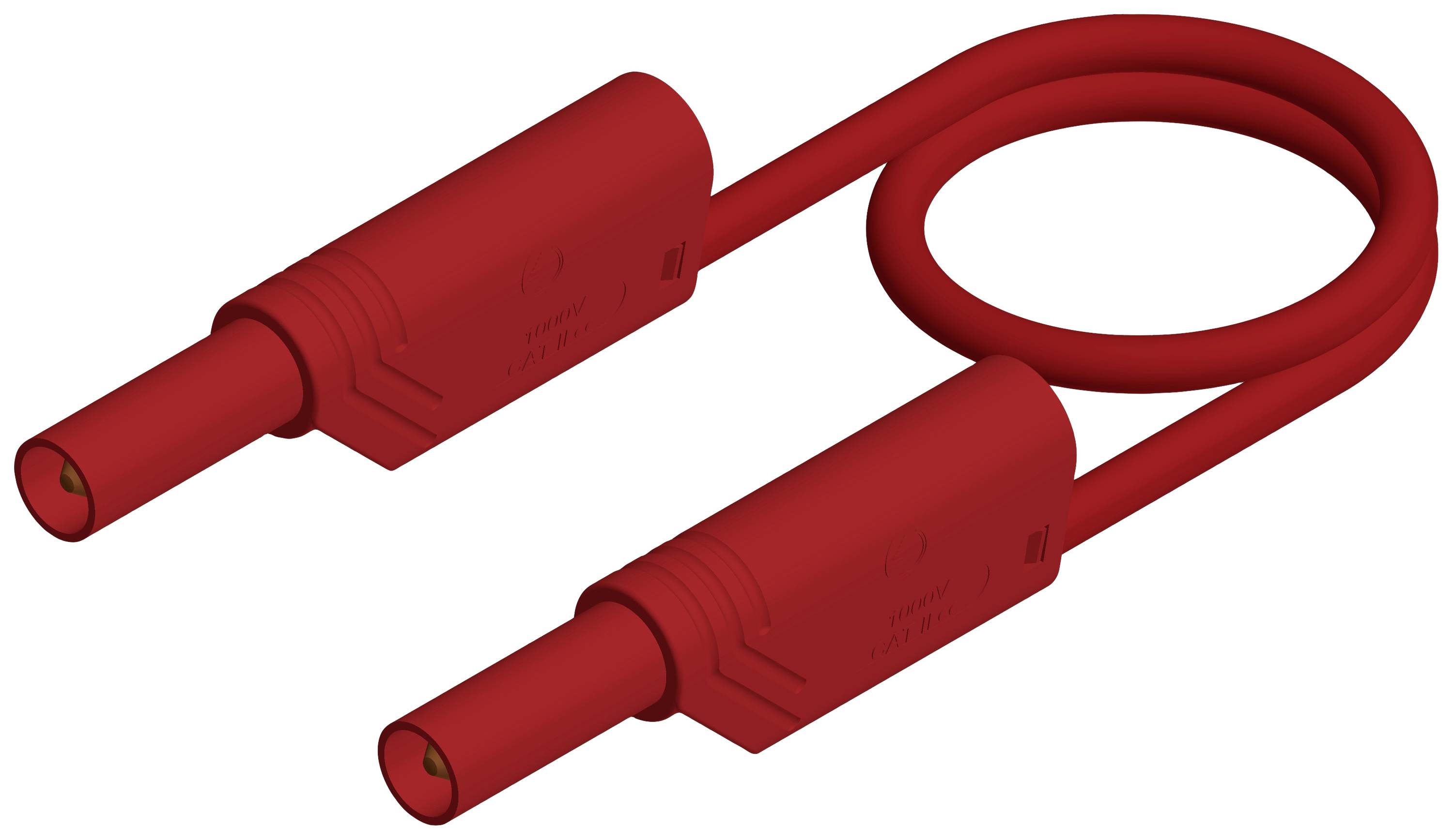 Câble rouge de banane avec deux fiches à ses extrémités, disposé en spirale, utilisé pour connecter des appareils électroniques.