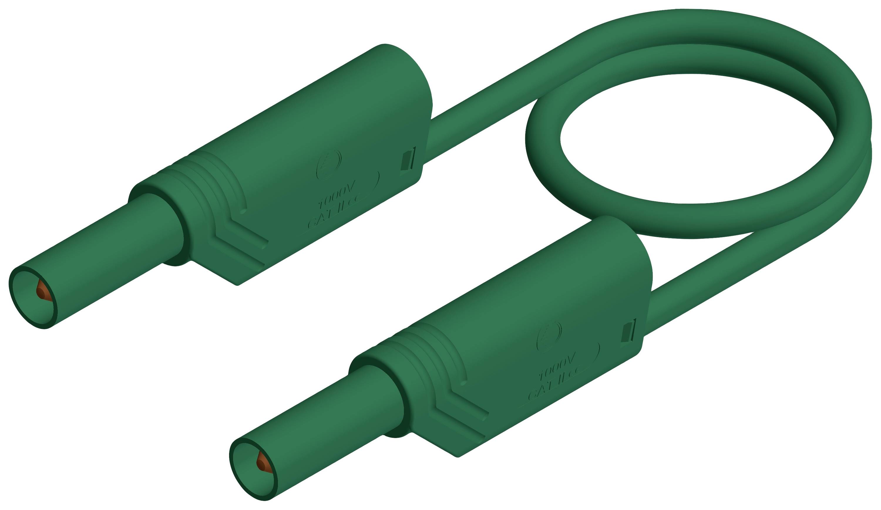 Un câble banane vert avec deux fiches, reliées par un câble formant une boucle. Adapté pour les connexions électroniques.