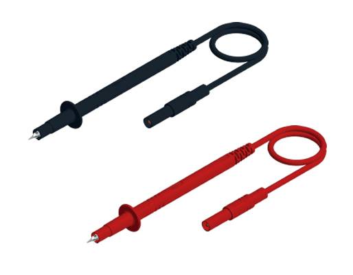 Deux sondes de test isolées ou fils de multimètre, l'une noire et l'une rouge, présentés sur un fond blanc.