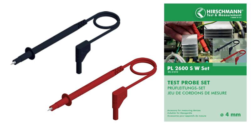 Deux pointes de test, l'une noire et l'autre rouge, illustrées sur un emballage. Inscription : « Test Probe Set PL 2600 S W Set » de Hirschmann.