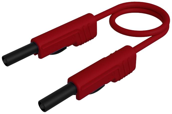 Un câble électrique rouge avec deux fiches noires formant une boucle. Adapté pour connecter des composants électriques.