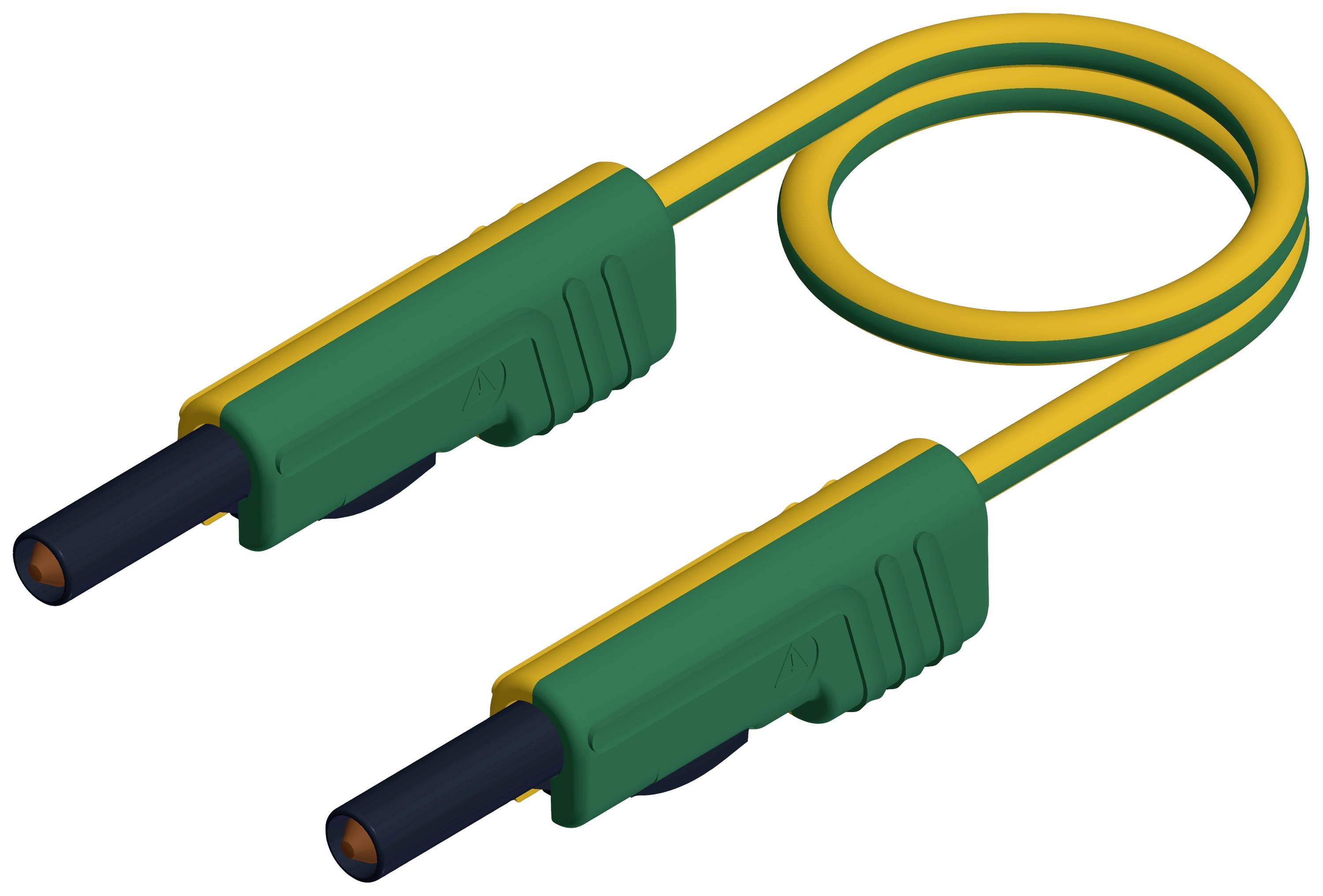 Un câble jaune-vert avec deux fiches noires à ses extrémités, symbolisant une connexion électrique ou un câble de données.