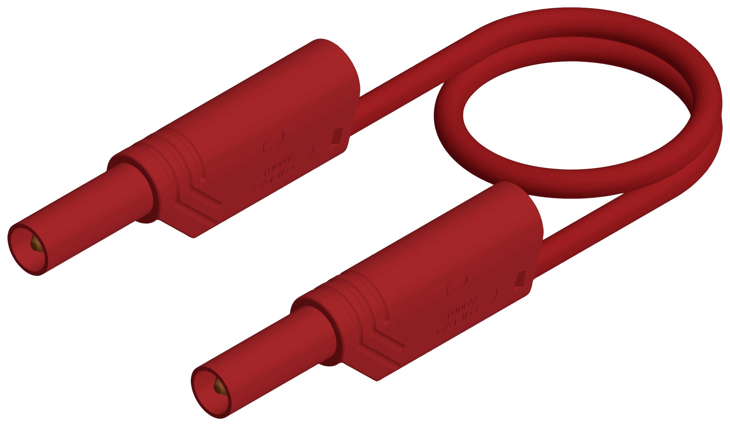 Câble banane rouge en boucle, outil électrique typique utilisé pour connecter des appareils lors de tests ou de mesures.
