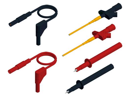 Coffret d'accessoires de multimètre comprenant différentes pointes de test et pinces crocodiles en rouge et noir. Le design de l'emballage présente le logo de la marque.