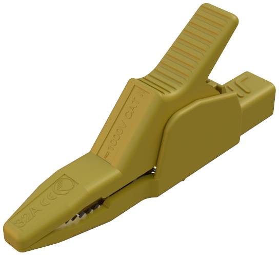 Une pince crocodile jaune. Elle convient aux connexions électriques et porte des indications relatives à sa capacité et à sa limite de tension.