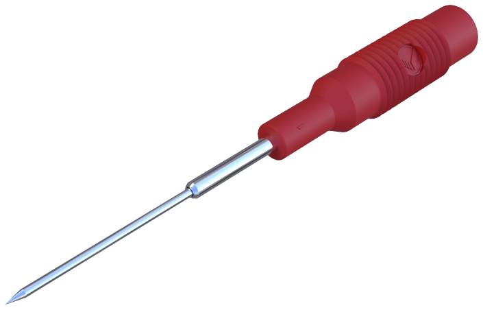 Outil en plastique rouge avec une longue aiguille métallique pointue, probablement une sonde pour des tests électriques.
