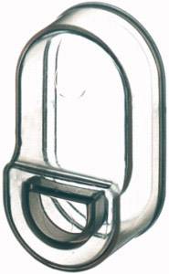 Crochet ovale transparent en plastique, utilisé pour suspendre de petits objets.