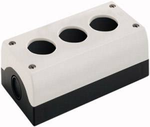 Boîtier avec trois ouvertures rondes, adapté pour le montage d'interrupteurs ou de boutons-poussoirs, boîtier blanc avec fond noir.