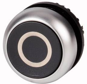 Un bouton-poussoir rond noir avec un bord argenté. Le bouton présente un cercle net au centre.