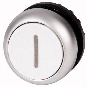 Un bouton rond argenté avec une ligne verticale au centre. Pourrait faire partie d'un panneau de commande ou d'un interrupteur.