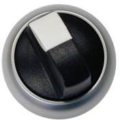 Un bouton rotatif noir avec un marqueur blanc, utilisé pour régler les fonctions sur des appareils électroniques ou des tableaux de bord.