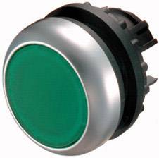 Bouton vert avec un bord argenté et un boîtier noir, souvent utilisé pour les fonctions de démarrage et d'arrêt sur des machines ou des appareils.