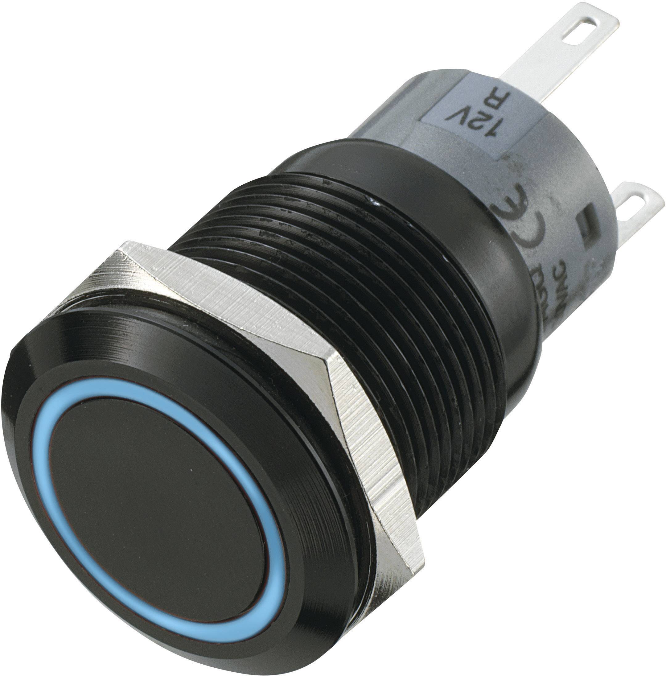 Bouton-poussoir noir avec anneau LED bleu et boîtier métallique, adapté pour les circuits 12V.