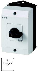 Un interrupteur électrique blanc d'Eaton avec un bouton de rotation noir. En bas à gauche, un symbole avec des positions 0 et 1-2.