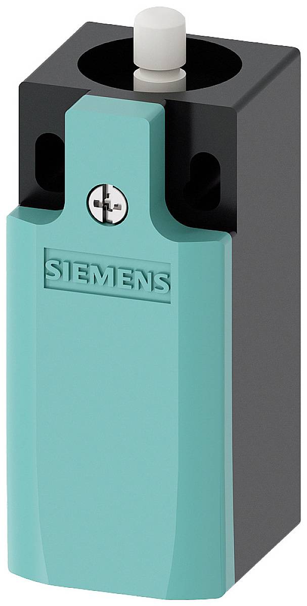 Contacteur de porte Siemens, boîtier turquoise avec un couvercle noir et un élément d'actionnement blanc sur le dessus.