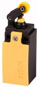 Interrupteur à bascule avec boîtier jaune et noir, tige de pression cylindrique et galet en haut, fréquemment utilisé dans des applications électromécaniques.