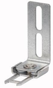 Support d'angle métallique avec deux trous oblongs pour fixation par vis et une base pour des montages dans des projets de construction.