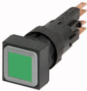 Un interrupteur noir carré avec un bouton vert, probablement destiné à des appareils électroniques, est en position 