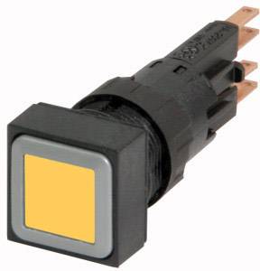 Bouton carré noir avec une partie centrale jaune et des broches en cuivre à l'arrière, couramment utilisé dans les appareils électroniques.
